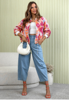 Krótka kurtka bomberka w kwiaty Dahlia pomarańczowo-fuksjowa