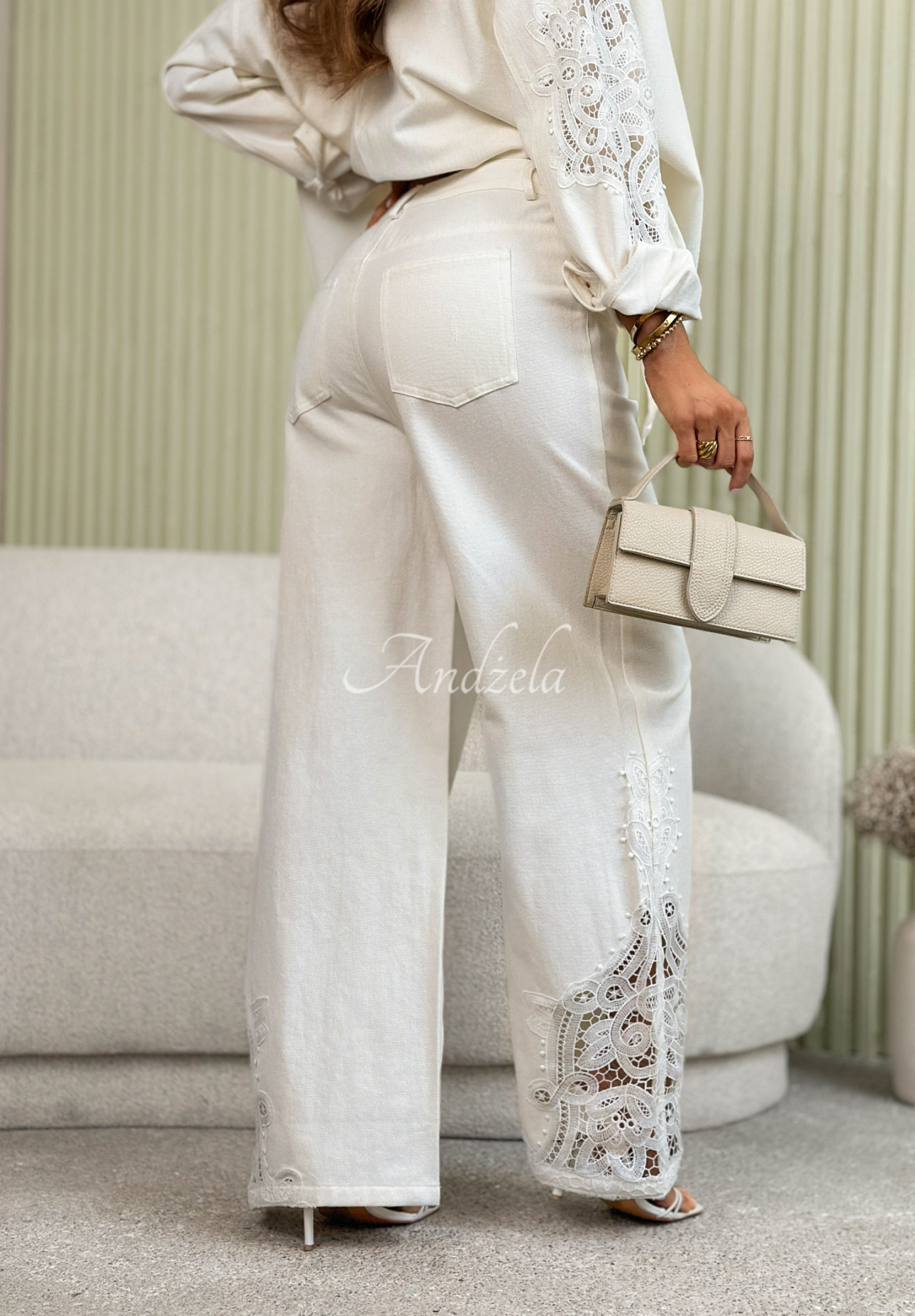 Eleanor ecru wide-leg pants with lace