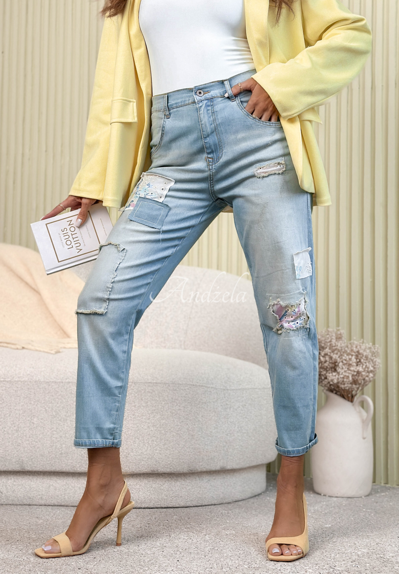 Mom fit jeans with patches In My Spring Era blue