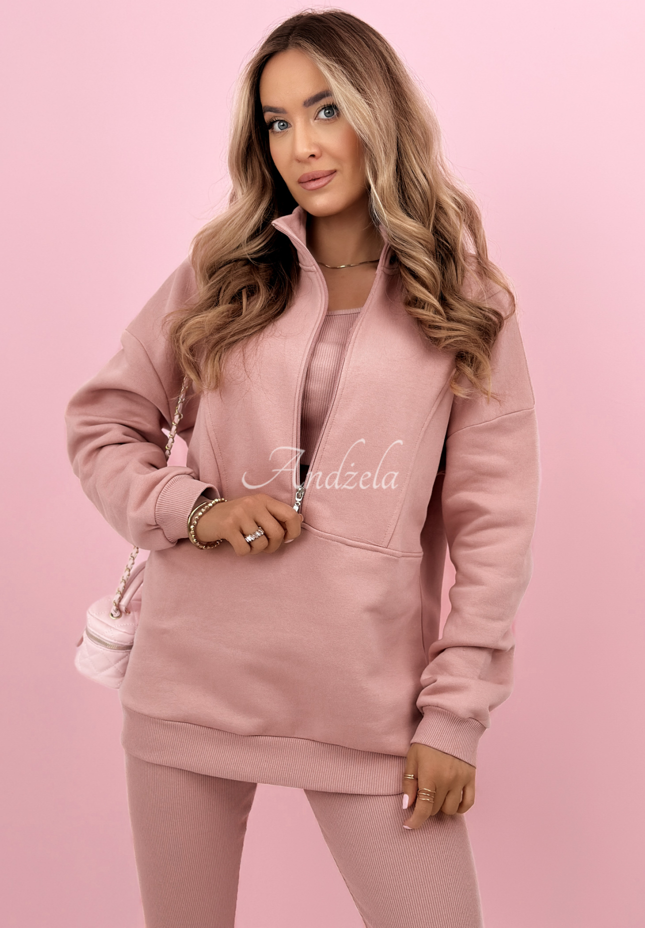 Bawełniany komplet bluza, legginsy, top 3in1 Look At Me pudrowy róż