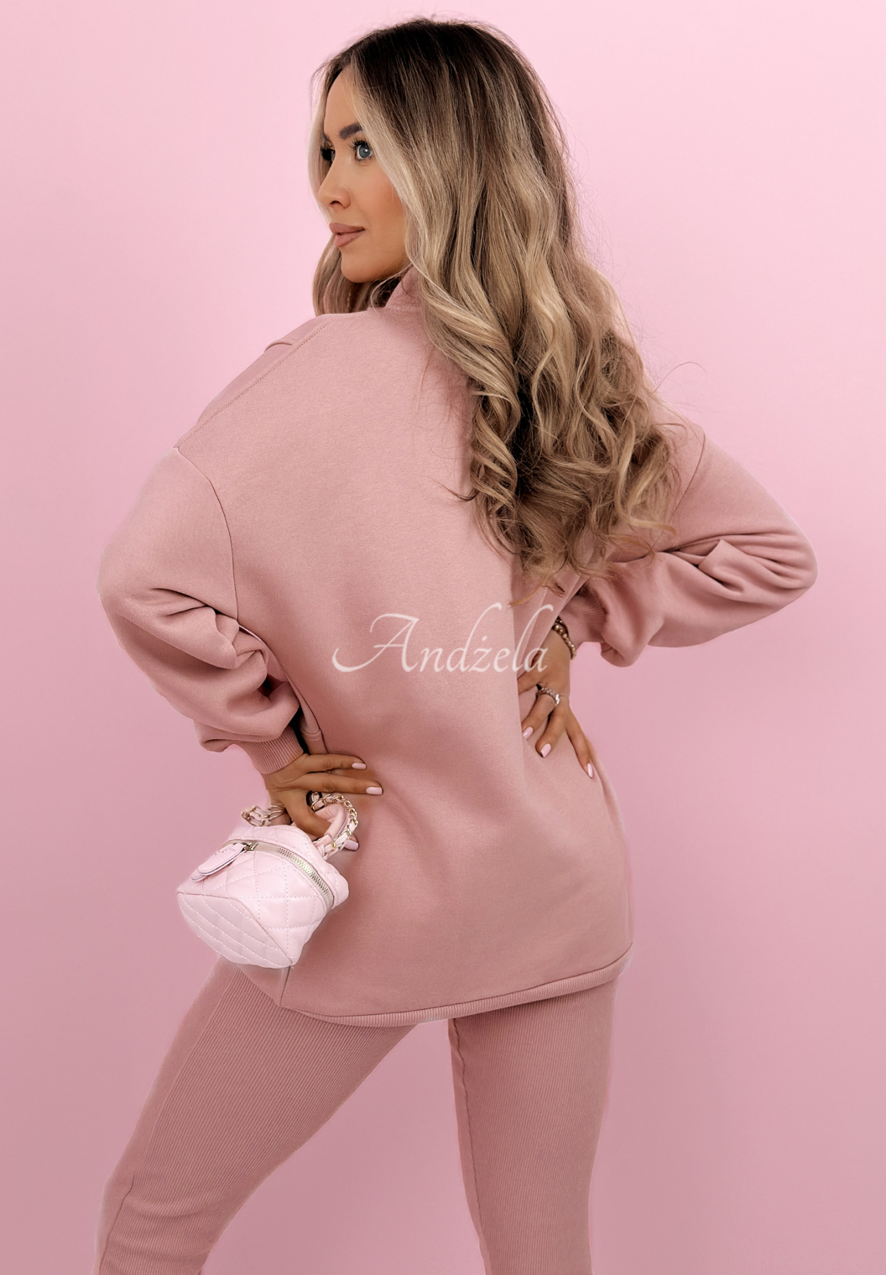 Bawełniany komplet bluza, legginsy, top 3in1 Look At Me pudrowy róż