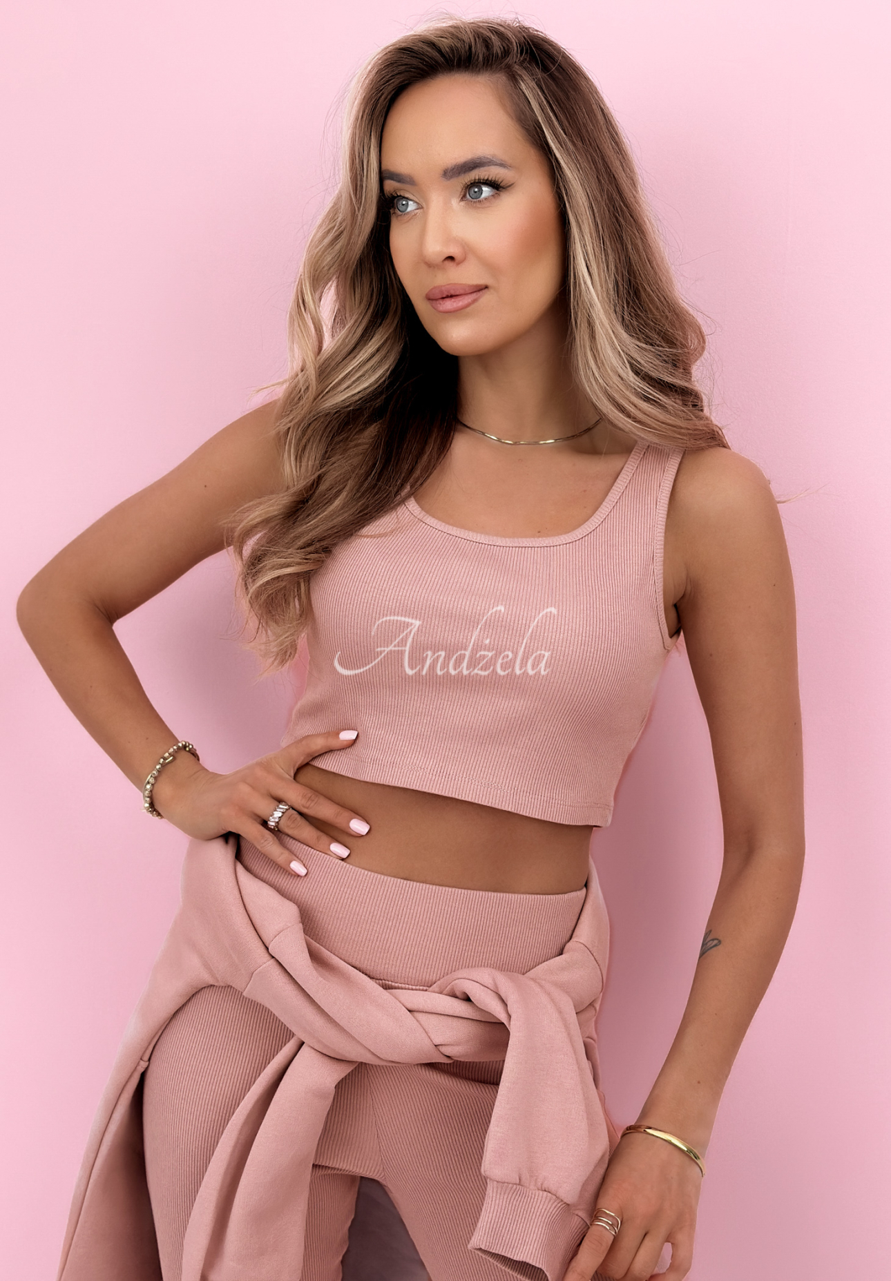 Bawełniany komplet bluza, legginsy, top 3in1 Look At Me pudrowy róż