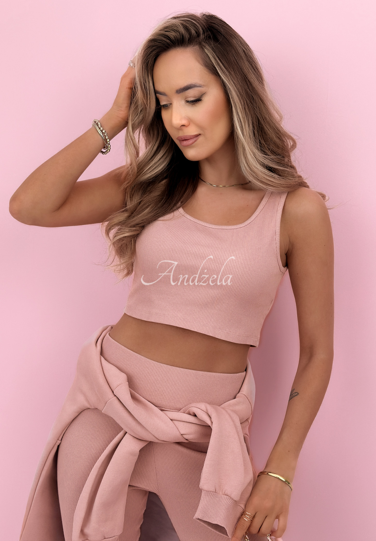 Cotton set: sweatshirt, leggings, 3-in-1 top Look At Me powder pink