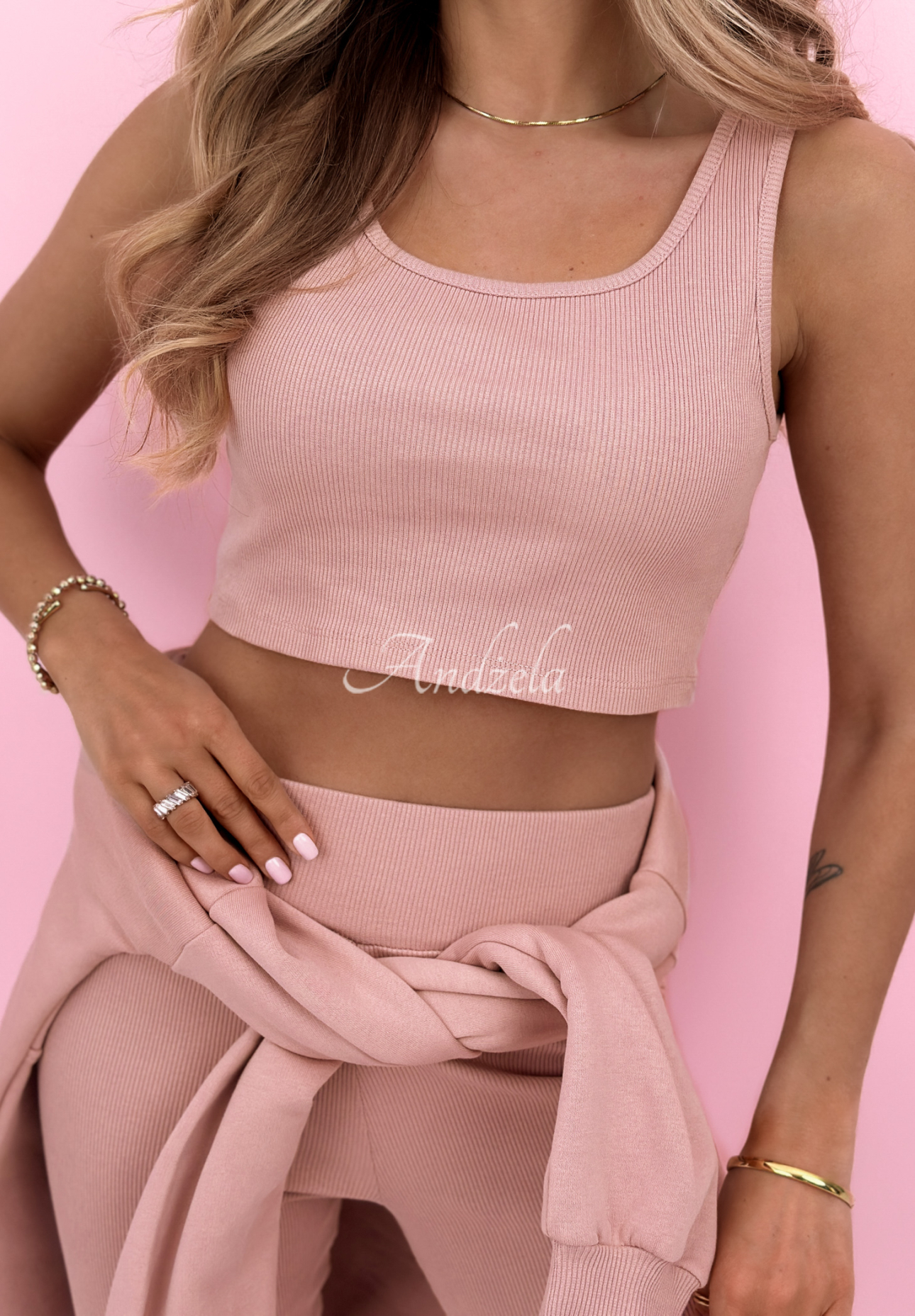 Bawełniany komplet bluza, legginsy, top 3in1 Look At Me pudrowy róż