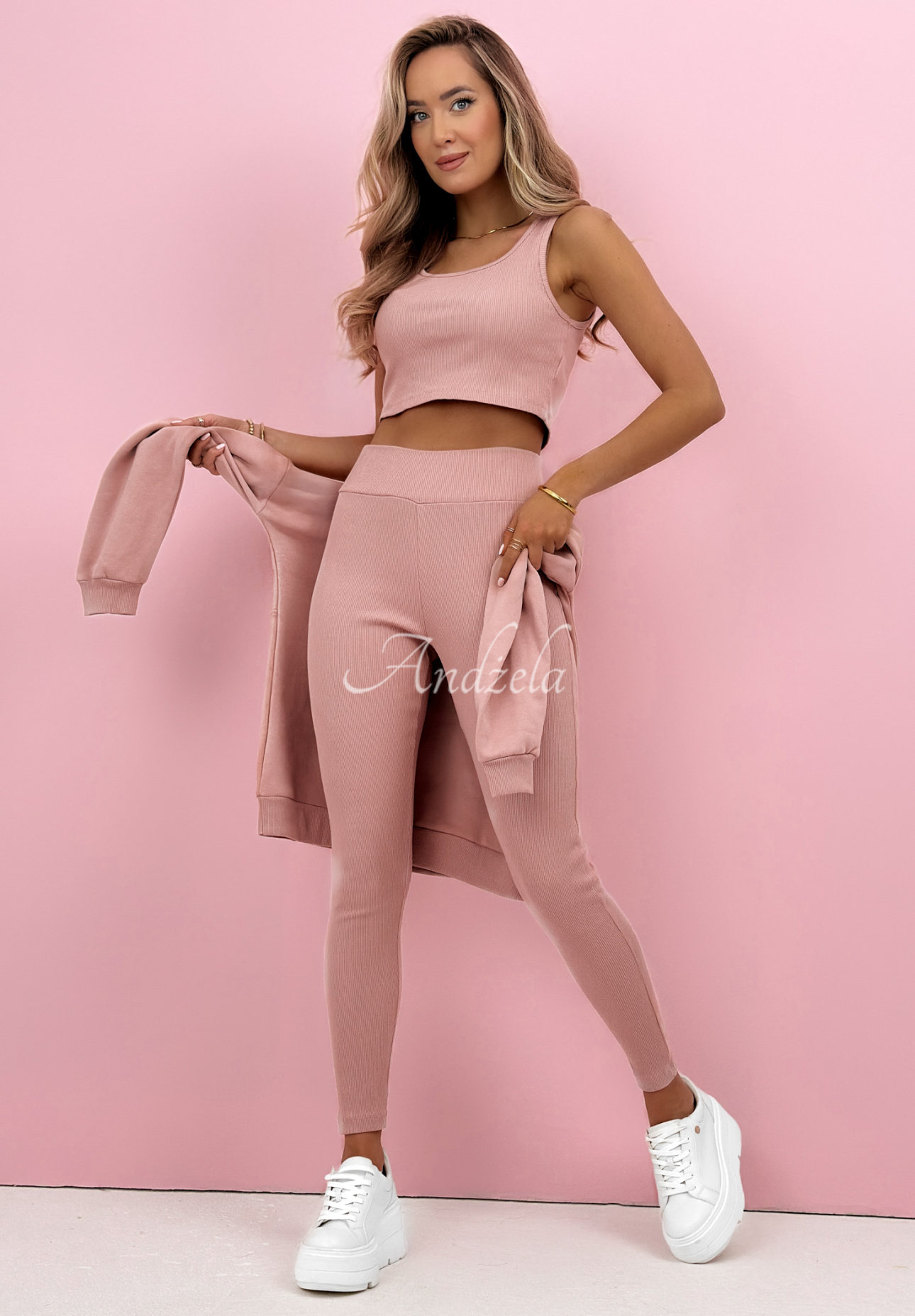Bawełniany komplet bluza, legginsy, top 3in1 Look At Me pudrowy róż