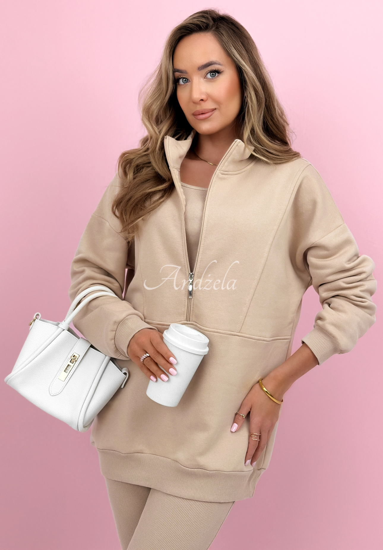 Bawełniany komplet bluza, legginsy, top 3in1 Look At Me beżowy