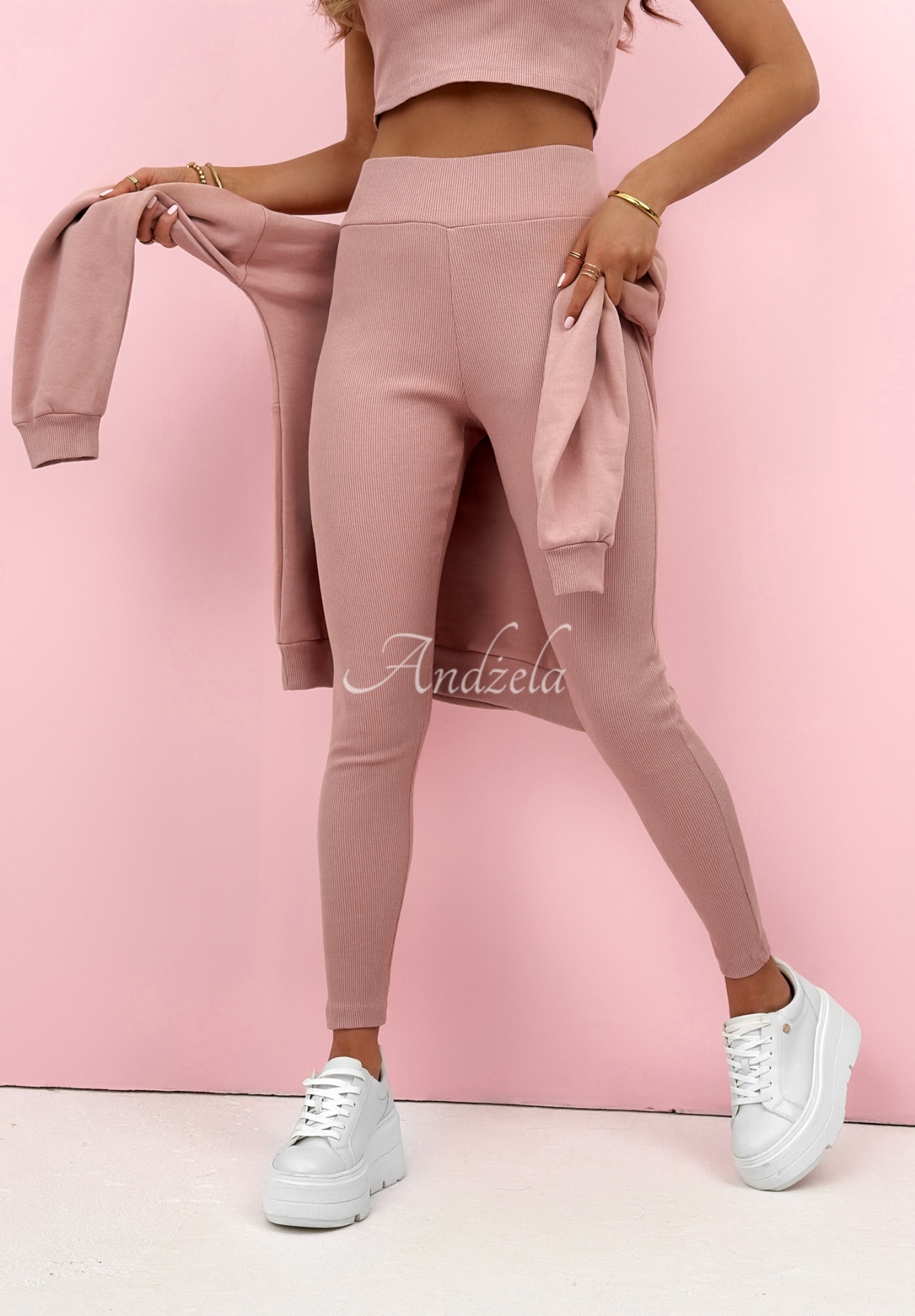 Cotton set: sweatshirt, leggings, 3-in-1 top Look At Me powder pink