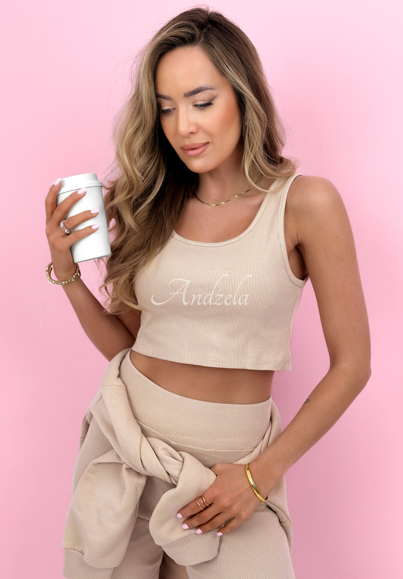 Cotton set: sweatshirt, leggings, 3-in-1 top Look At Me beige