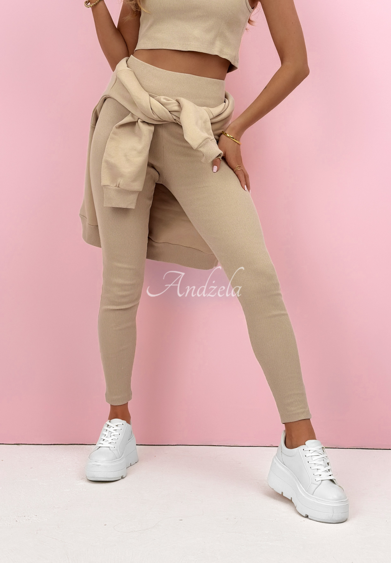 Bawełniany komplet bluza, legginsy, top 3in1 Look At Me beżowy