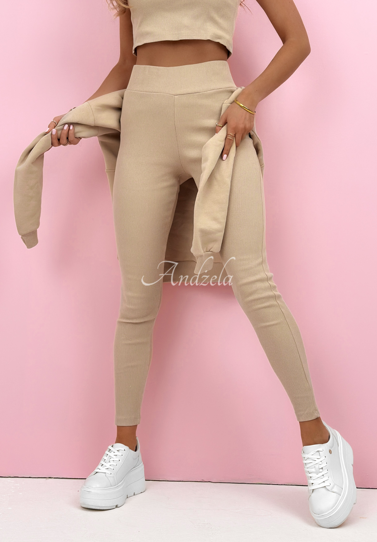 Cotton set: sweatshirt, leggings, 3-in-1 top Look At Me beige