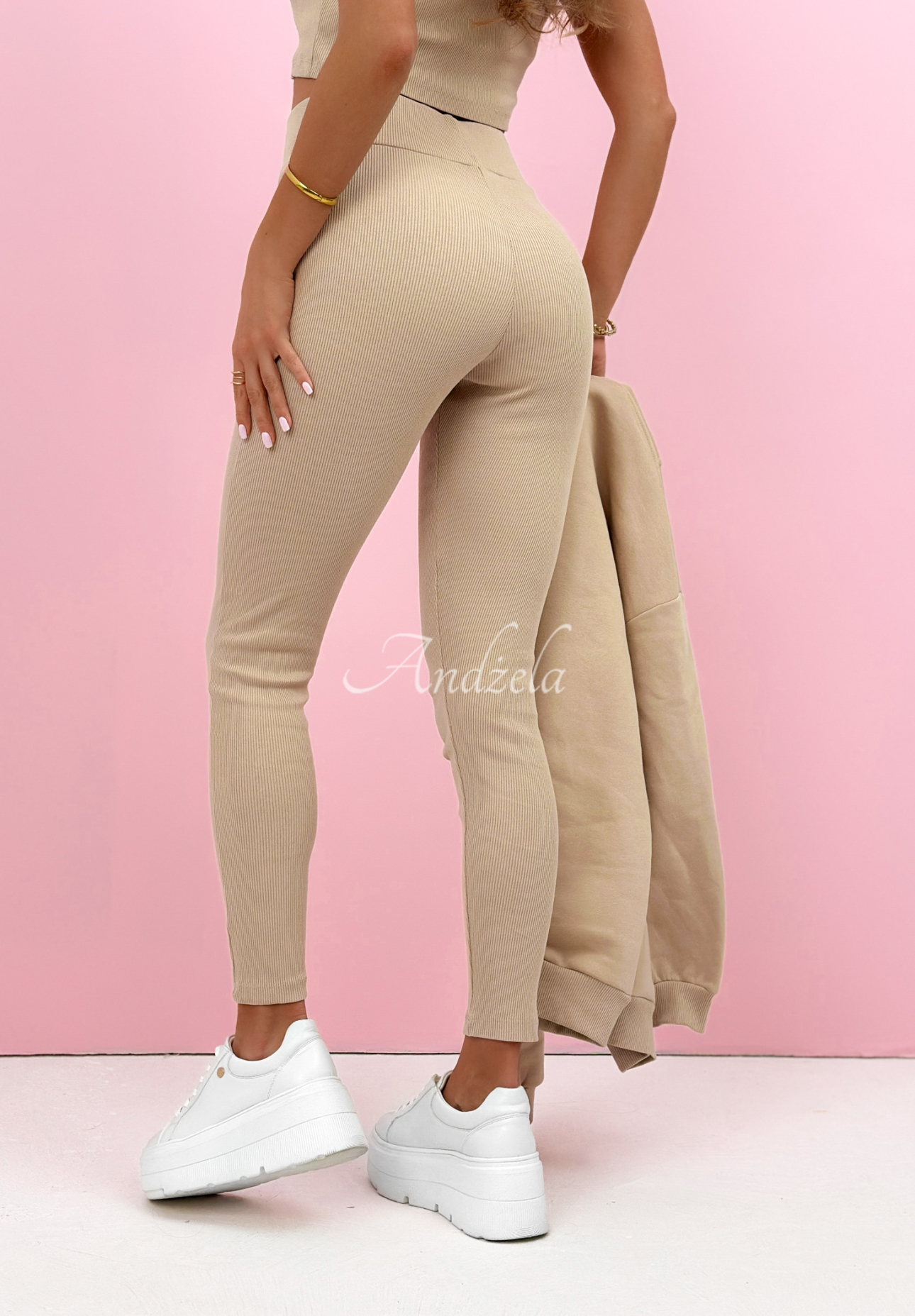 Bawełniany komplet bluza, legginsy, top 3in1 Look At Me beżowy