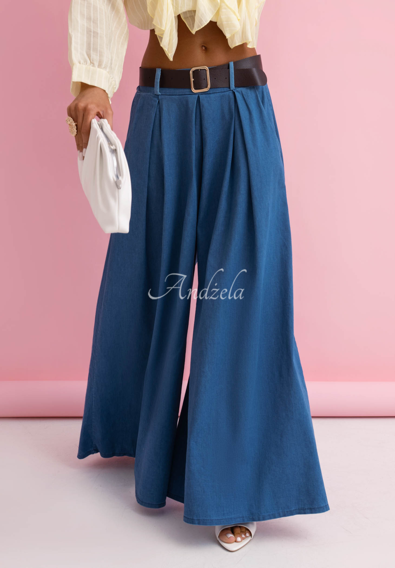 Amelia blue wide-leg cotton pants with belt