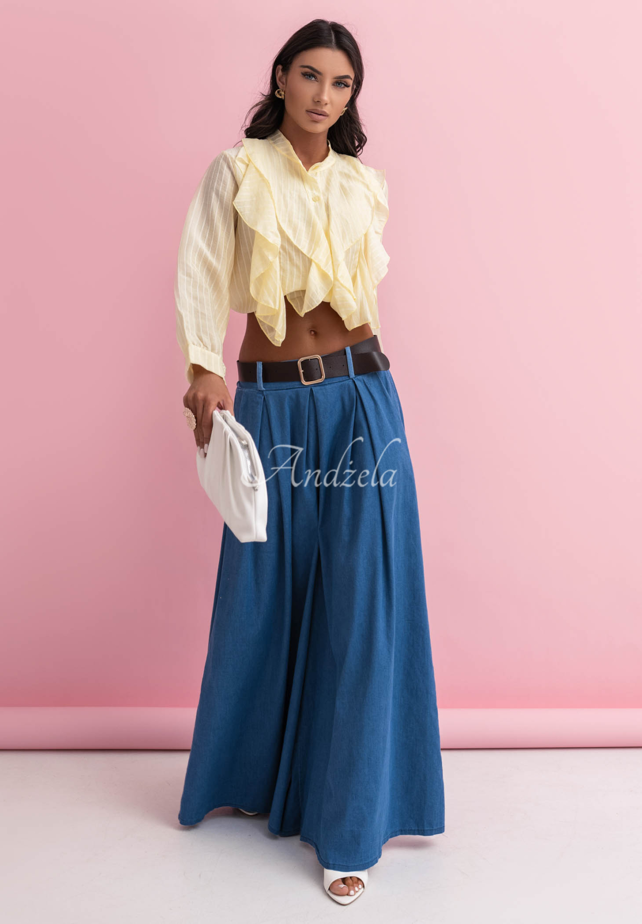 Amelia blue wide-leg cotton pants with belt