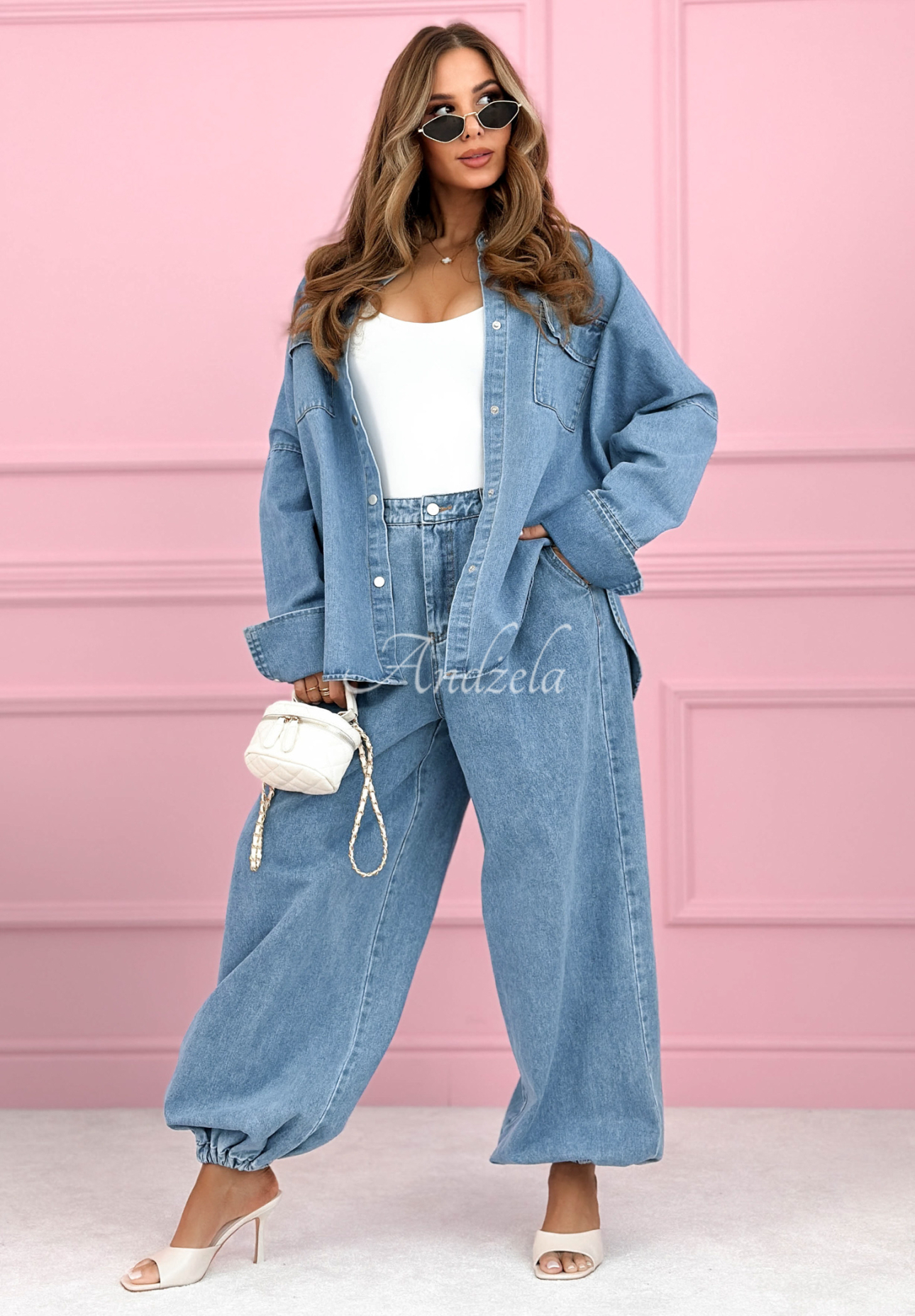 Jeansowy komplet koszula i spodnie balloon Emmeline niebieski