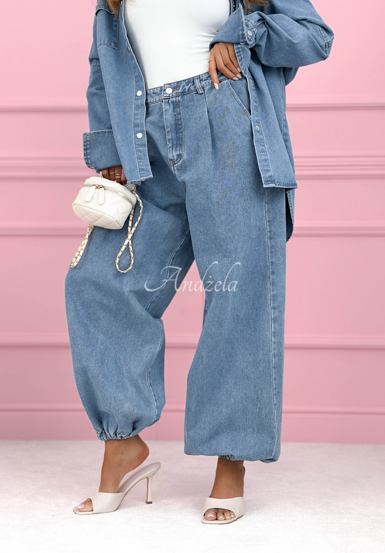 Jeansowy komplet koszula i spodnie balloon Emmeline niebieski