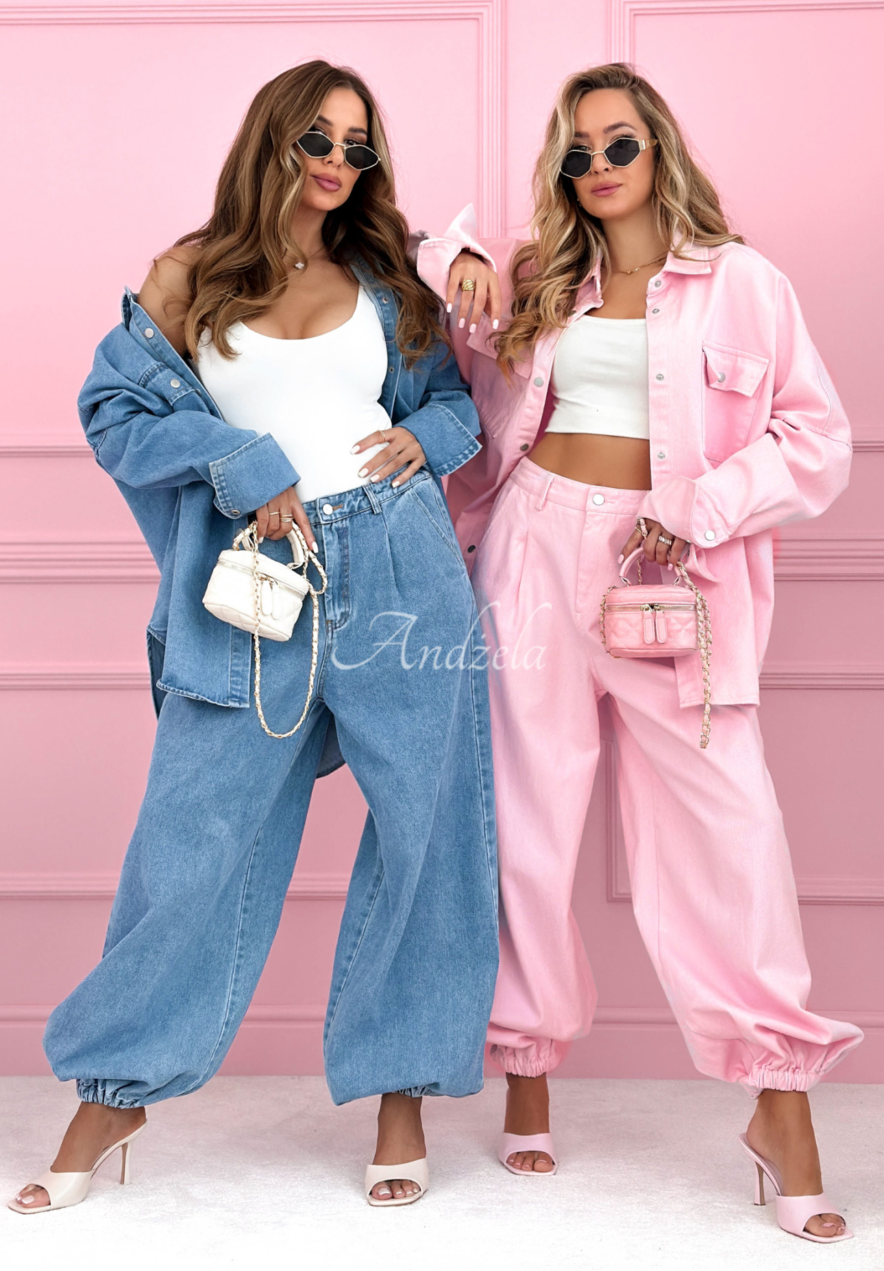 Jeansowy komplet koszula i spodnie balloon Emmeline pudrowy róż