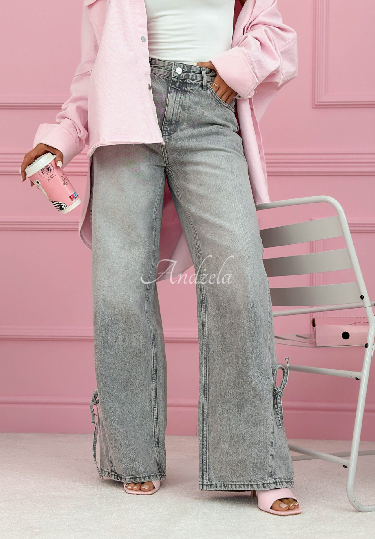 Spodnie jeansowe wide leg z kokardkami Aracello jasnoszare