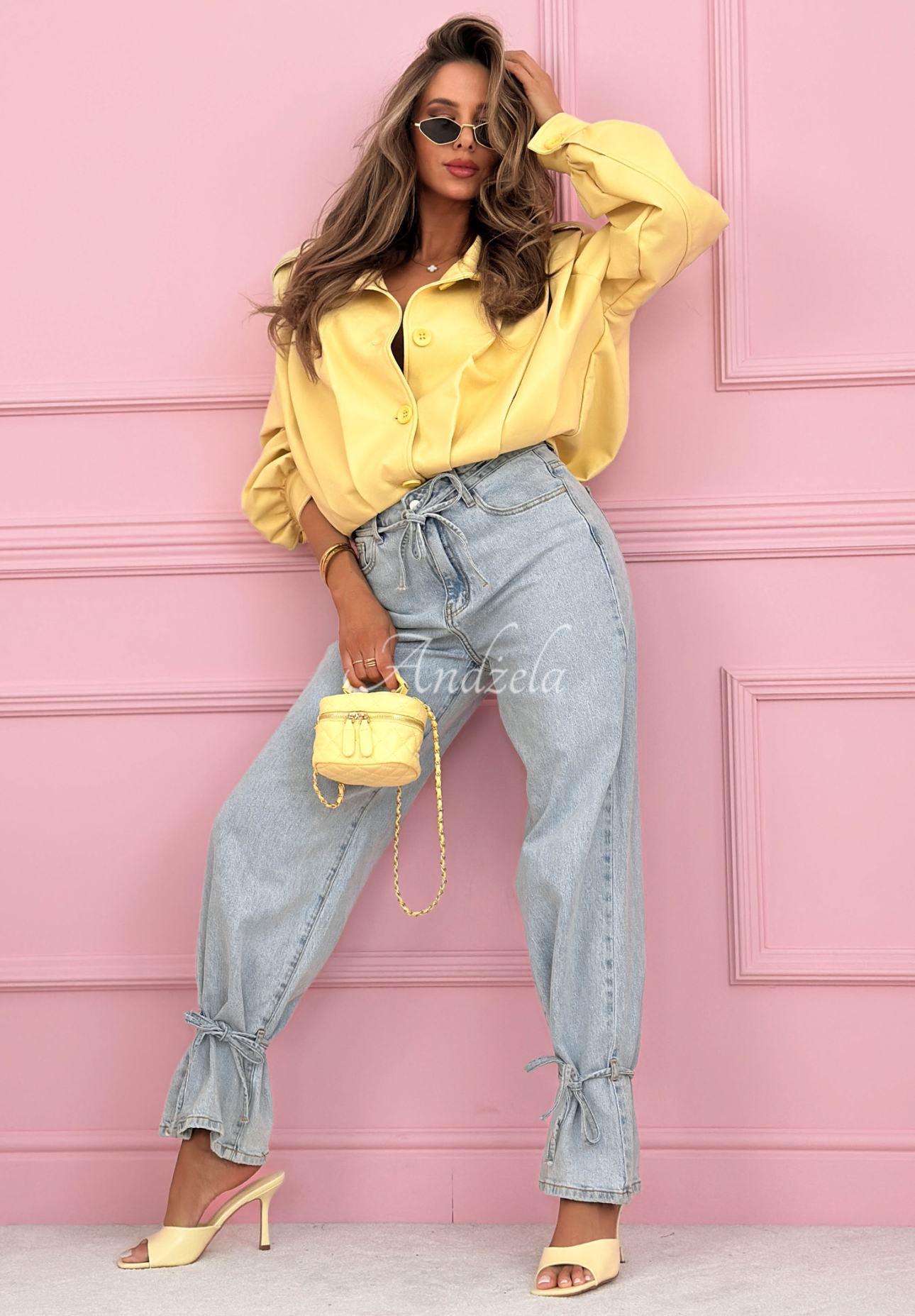 Spodnie jeansowe wide leg z wiązaniami Annora jasnoniebieskie