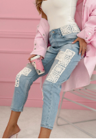 Spodnie jeansowe skinny z koronkowymi naszywkami Funny Times jasnoniebieskie
