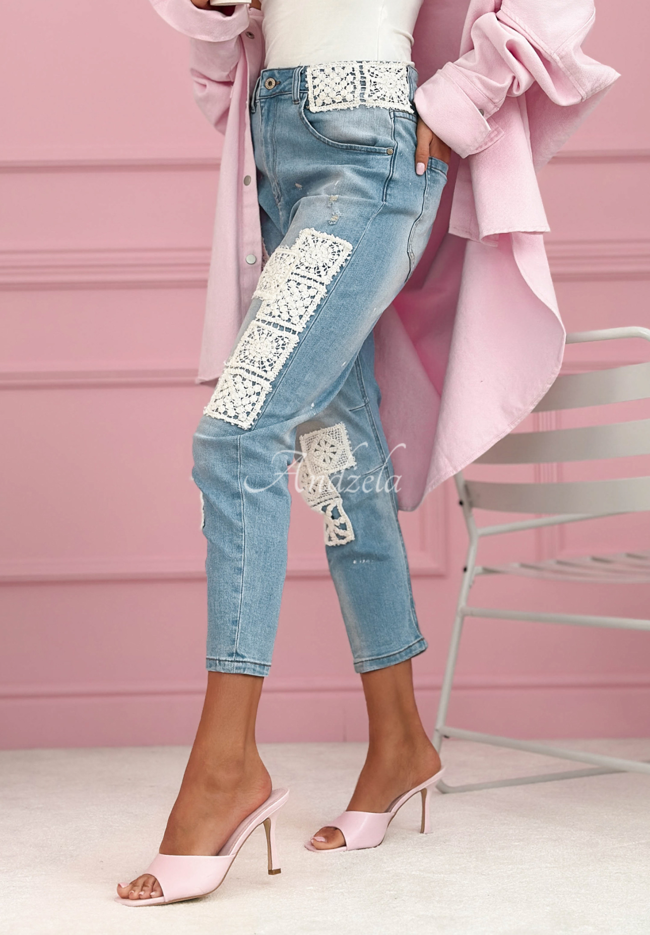 Funny Times light blue skinny jeans with lace patches