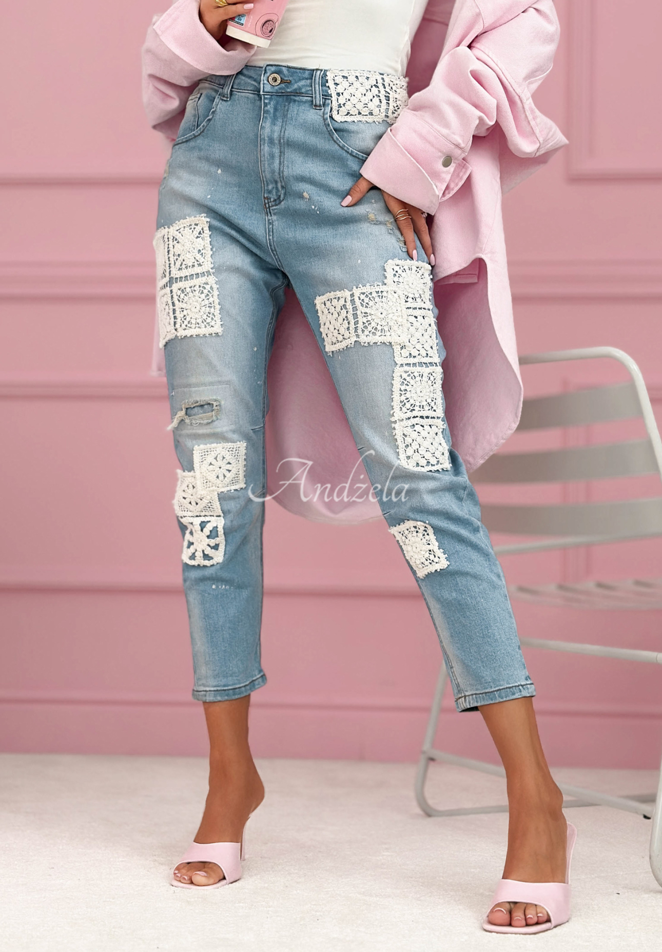 Funny Times light blue skinny jeans with lace patches