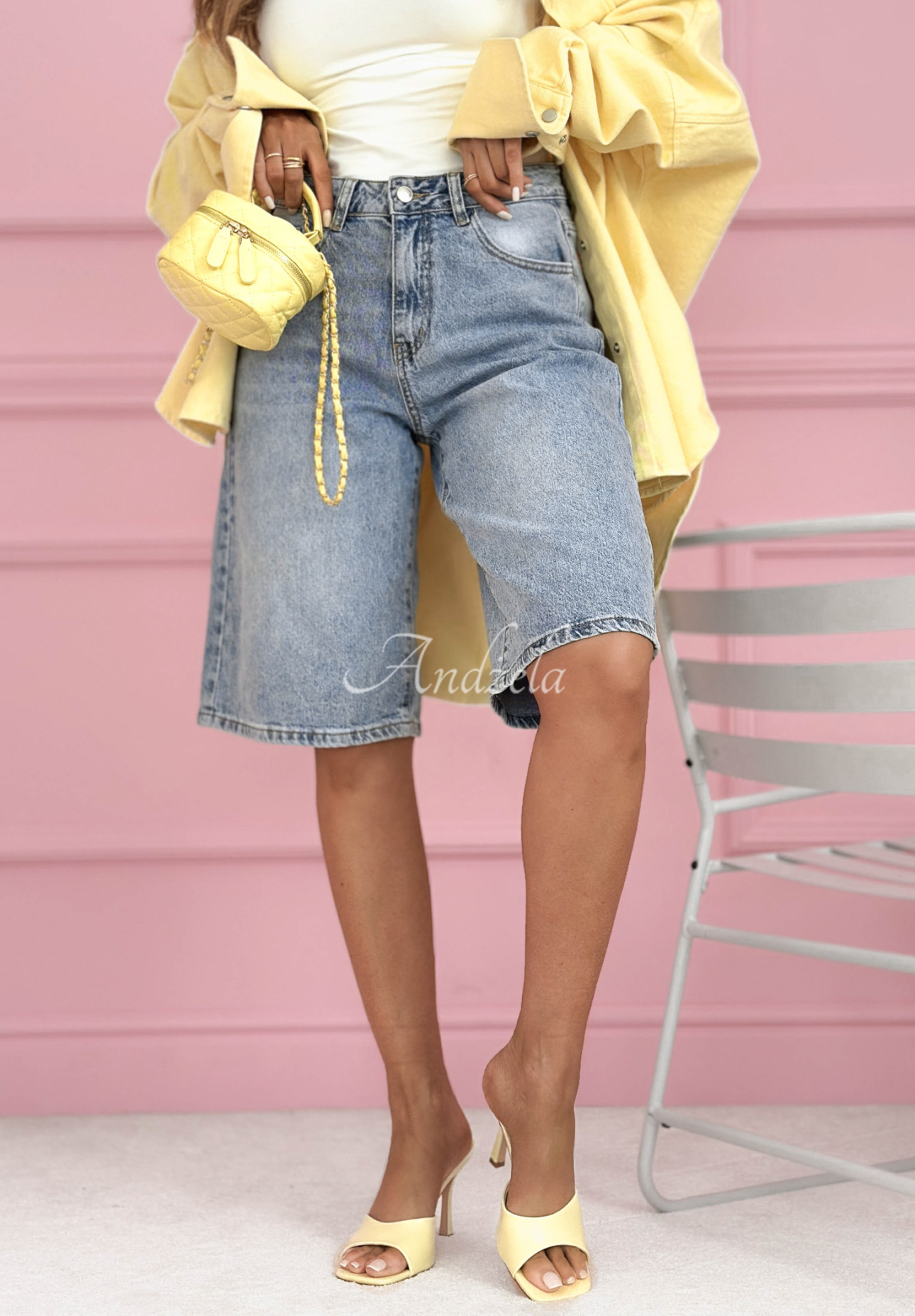 Ottavia light blue denim Bermuda shorts with crystals