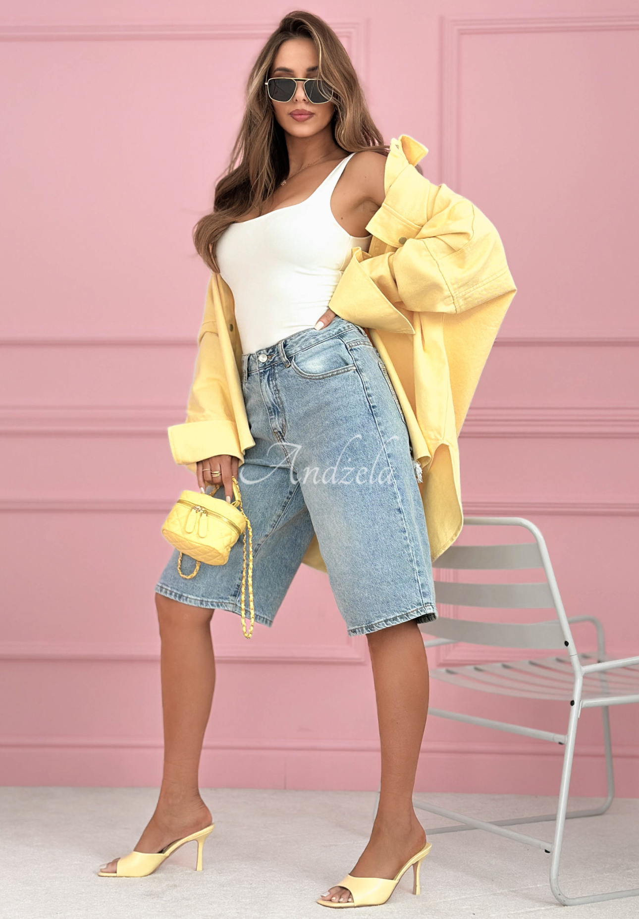 Ottavia light blue denim Bermuda shorts with crystals