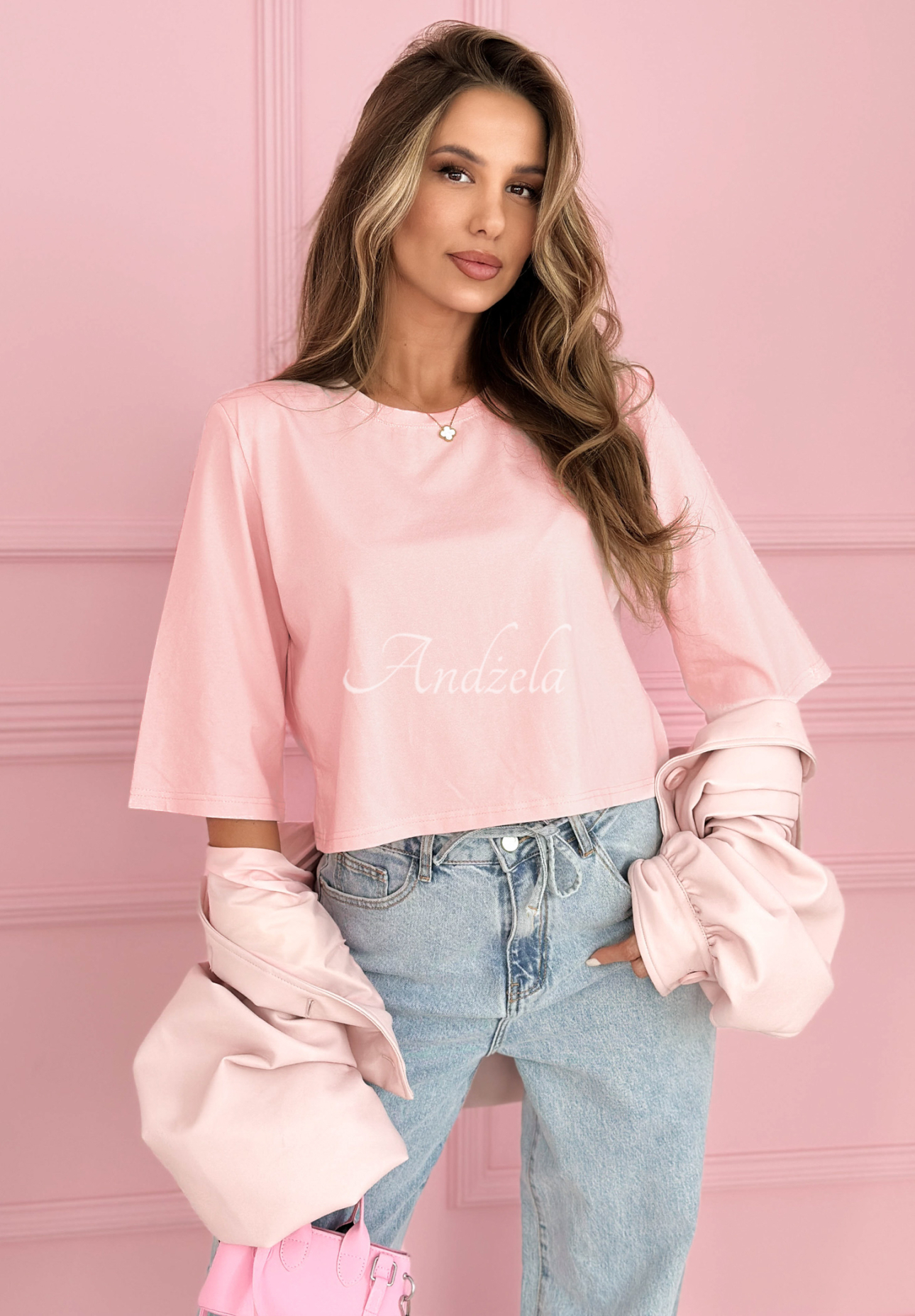Bawełniany krótki T-shirt Springtime Babe pudrowy róż
