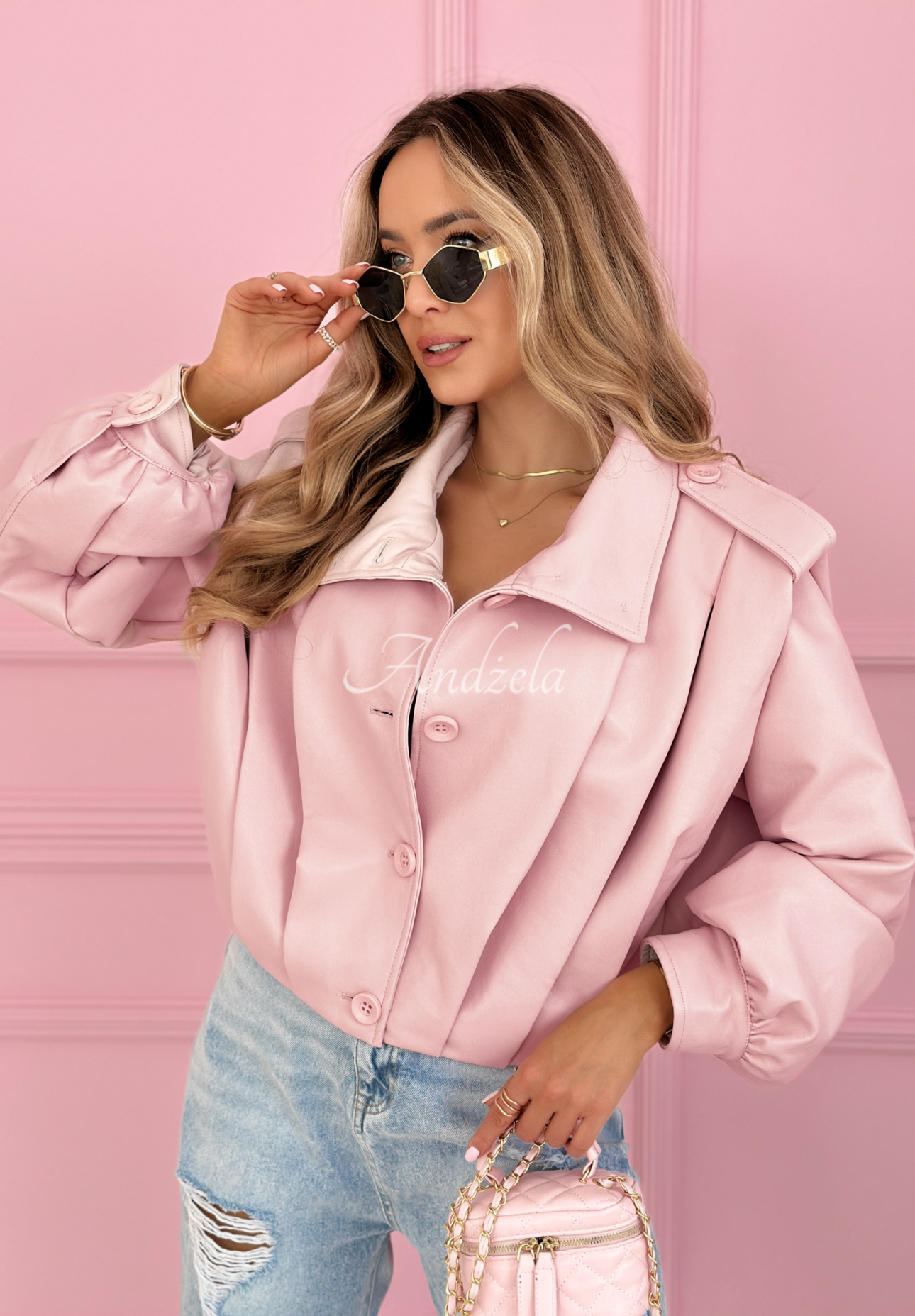 Krótka skórzana kurtka z kołnierzem Valleria pudrowy róż