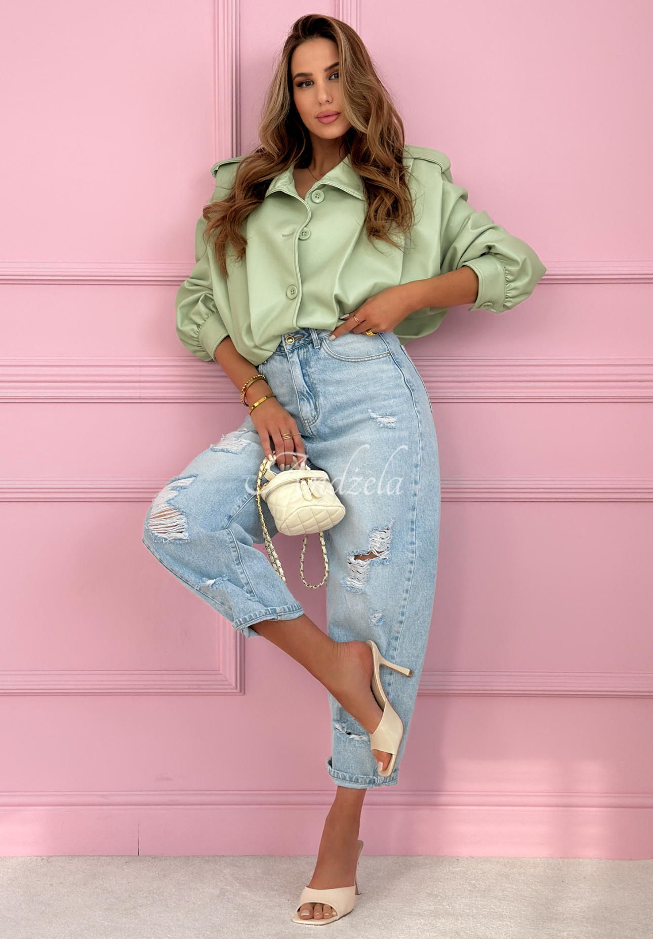 Krótka skórzana kurtka z kołnierzem Valleria pistacjowa