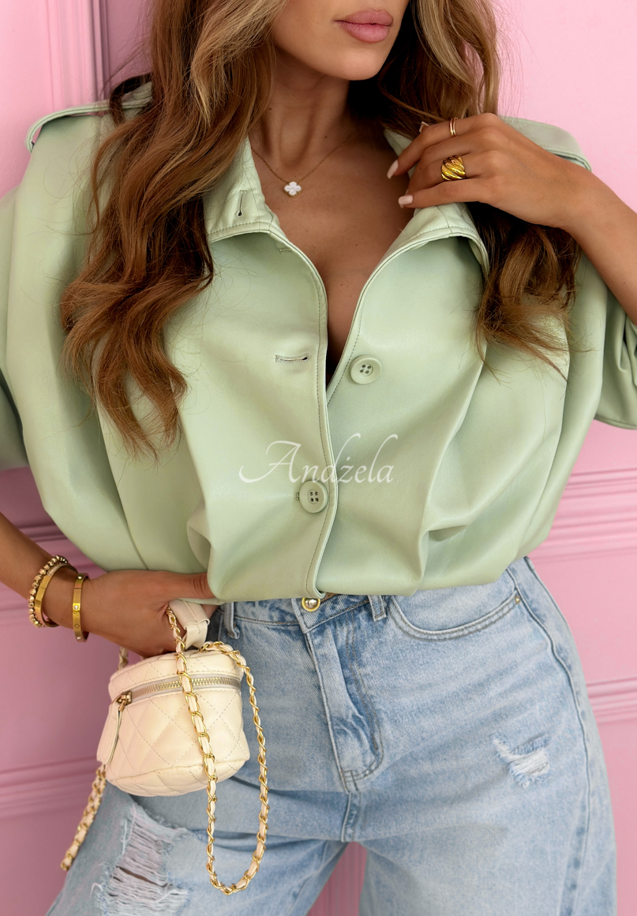 Krótka skórzana kurtka z kołnierzem Valleria pistacjowa