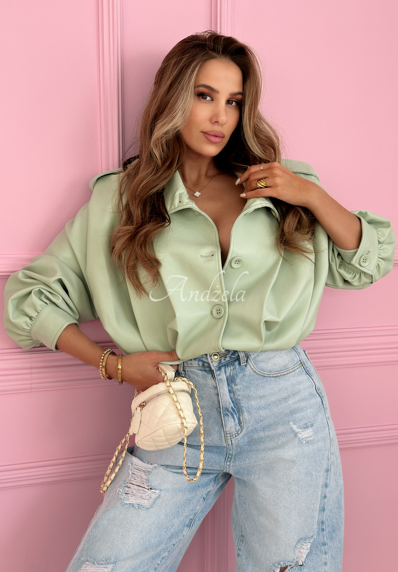 Short leather jacket with collar Valleria pistachio