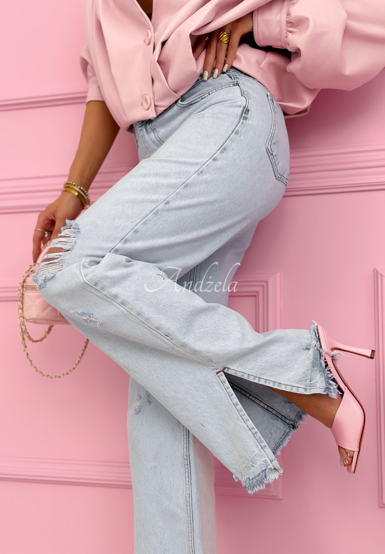 Spodnie jeansowe wide leg z przetarciami Ivette jasnoniebieskie