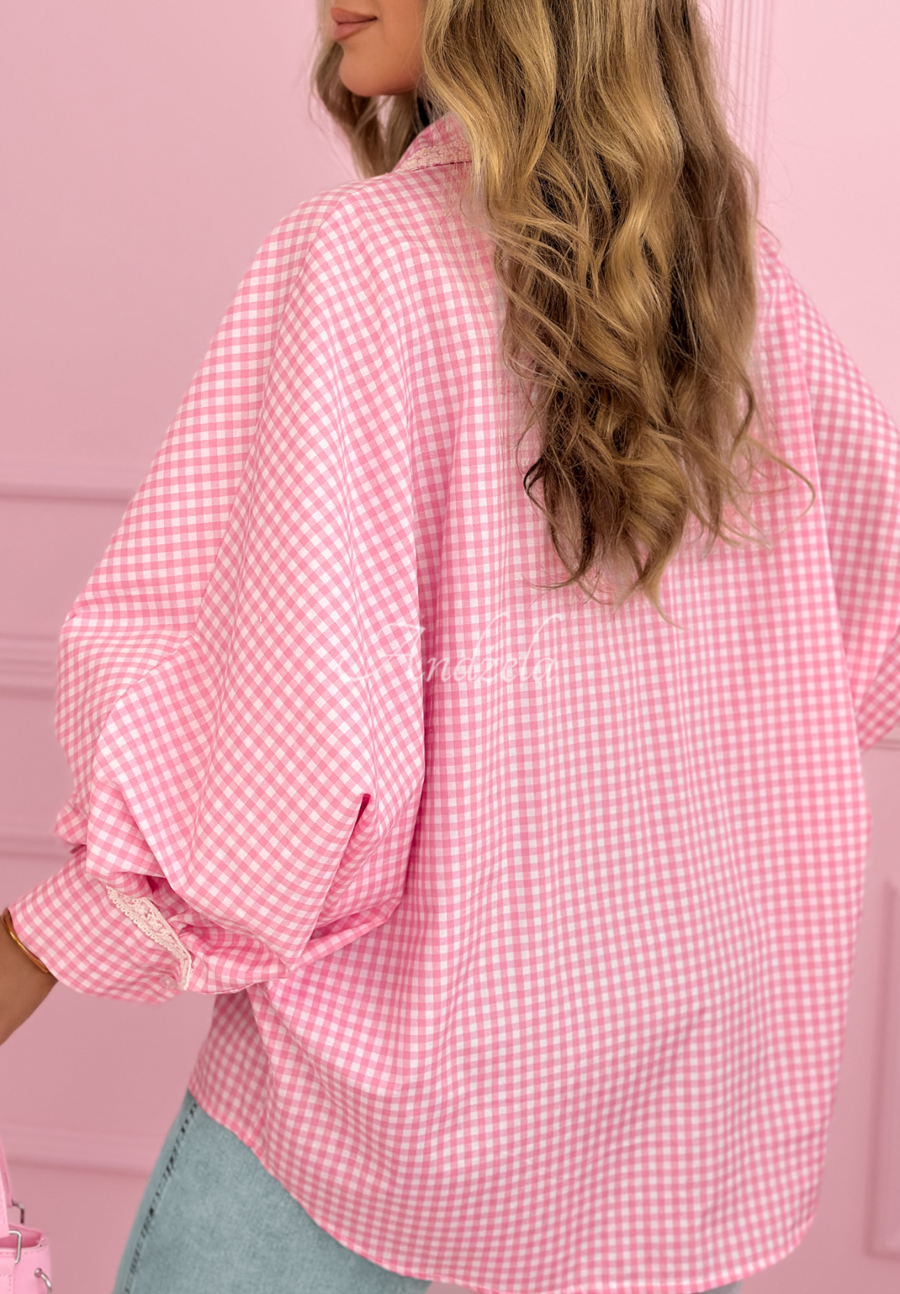 Dolores pink checked shirt with puff sleeves and lace