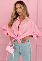 Koszula w kratę z bufkami i koronką Dolores różowa