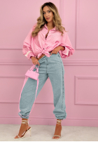 Koszula w kratę z bufkami i koronką Dolores różowa