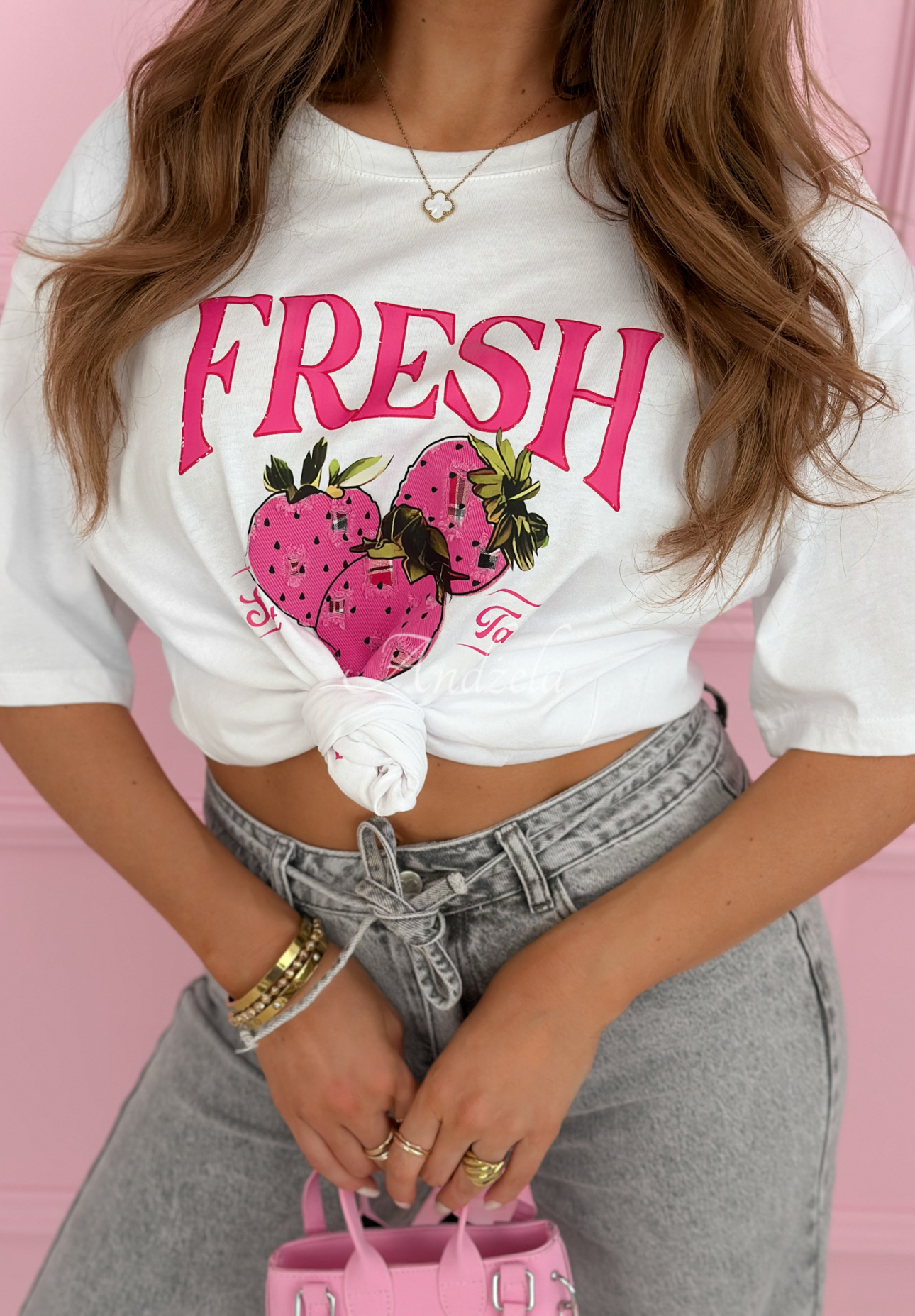 Bawełniany t-shirt z nadrukiem Fresh Strawberries biały