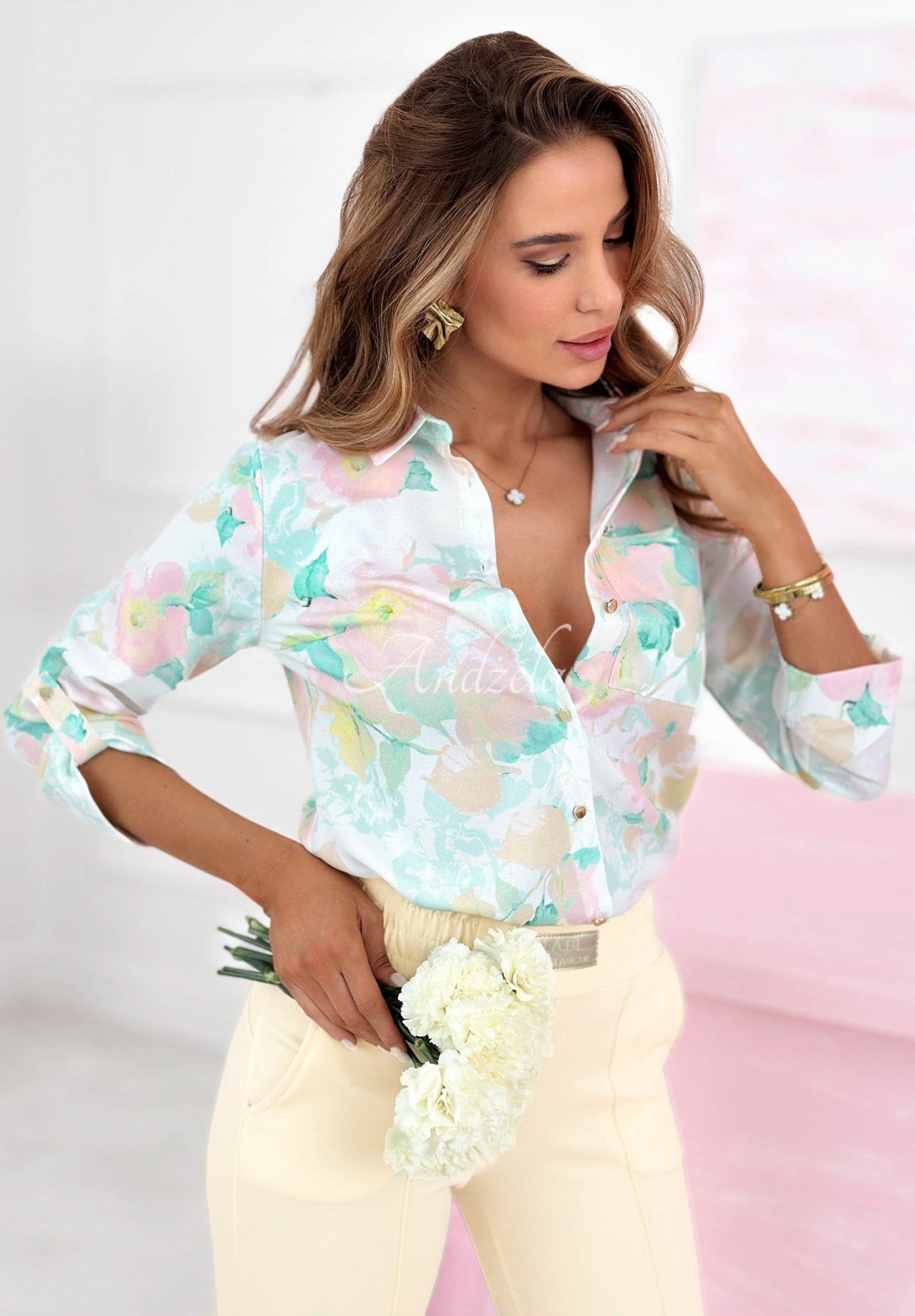 Patterned viscose shirt Lillian green and yellow