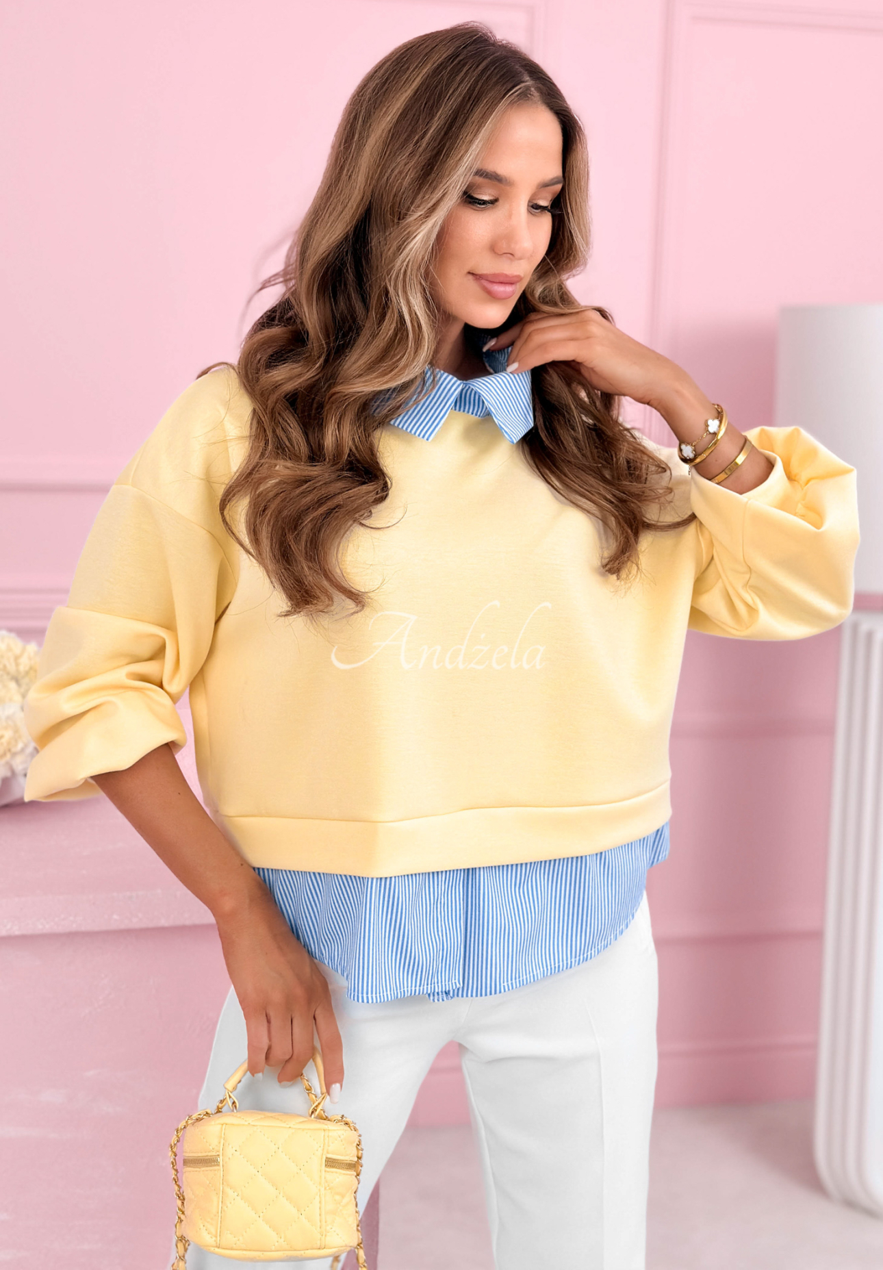 Brielle yellow viscose sweatshirt with shirt elements