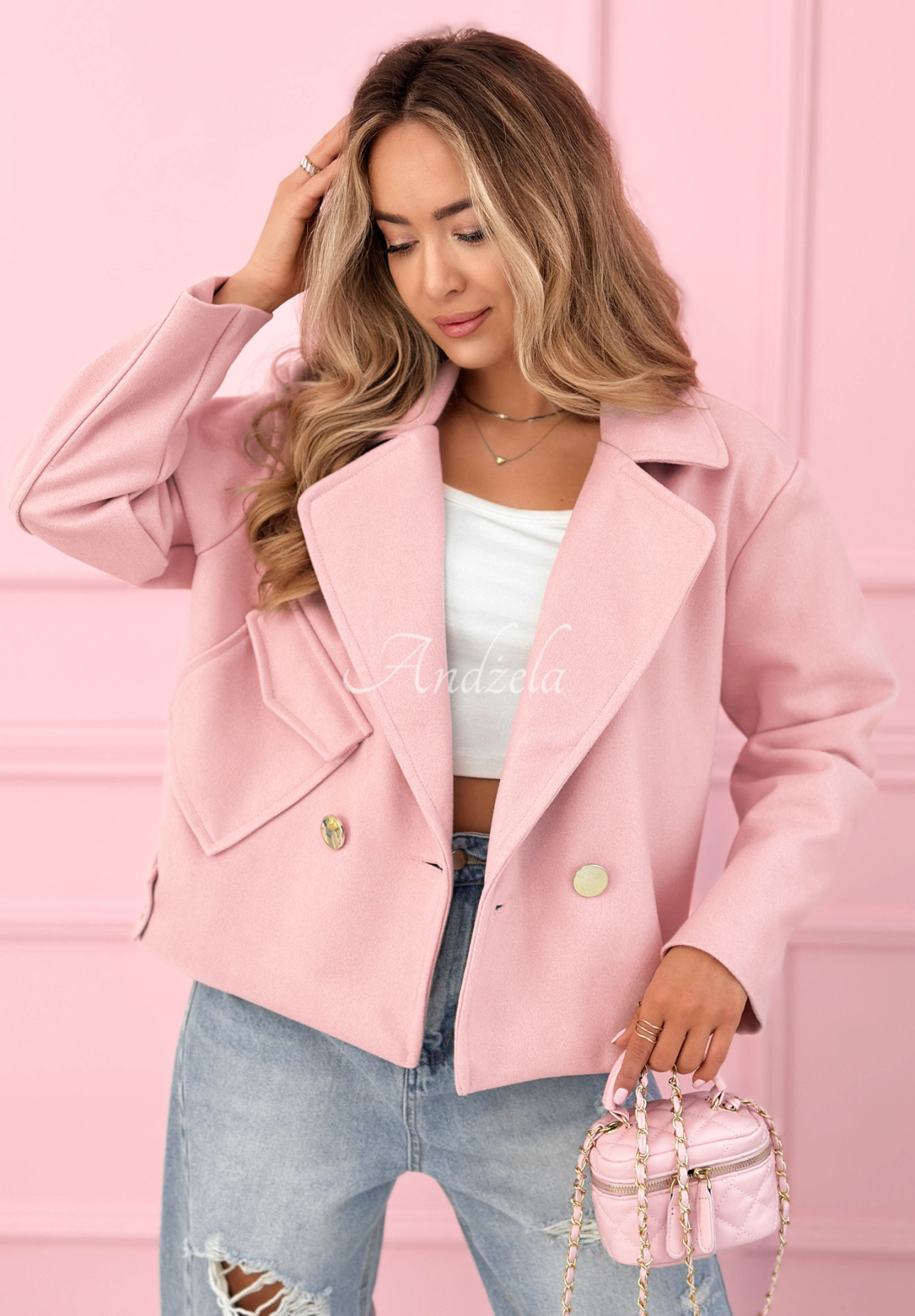 Krótki płaszcz z wełny Sylvie pudrowy róż