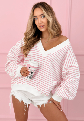 Asymmetrical striped cotton sweatshirt Naomi white and pink