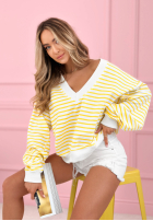 Sweter w paski z dekoltem Naomi biało-żółty