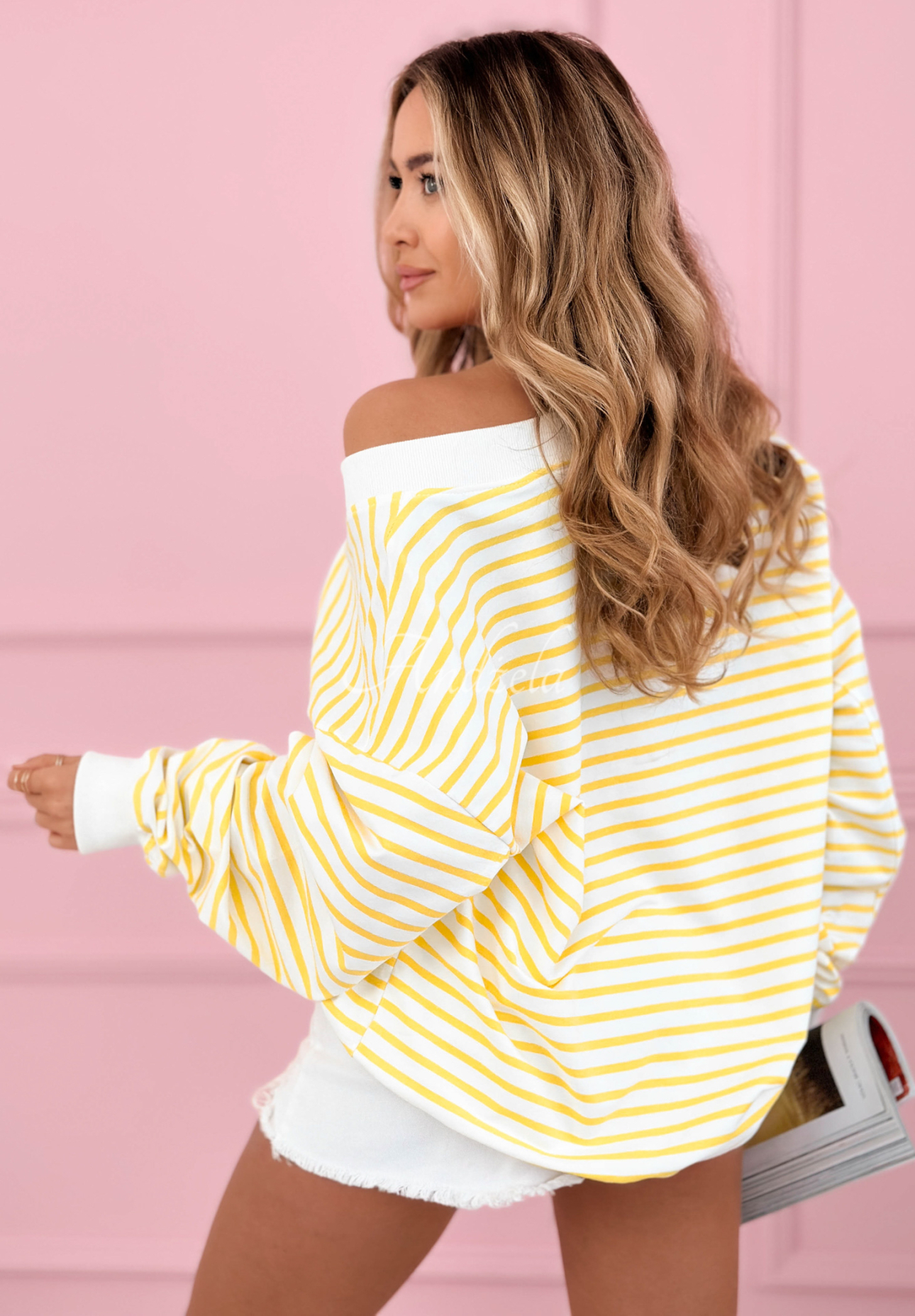 Asymmetrical striped cotton sweatshirt Naomi white and yellow