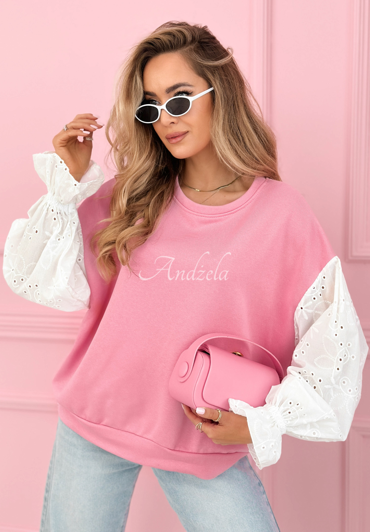 Leonora pink cotton sweatshirt with openwork sleeves