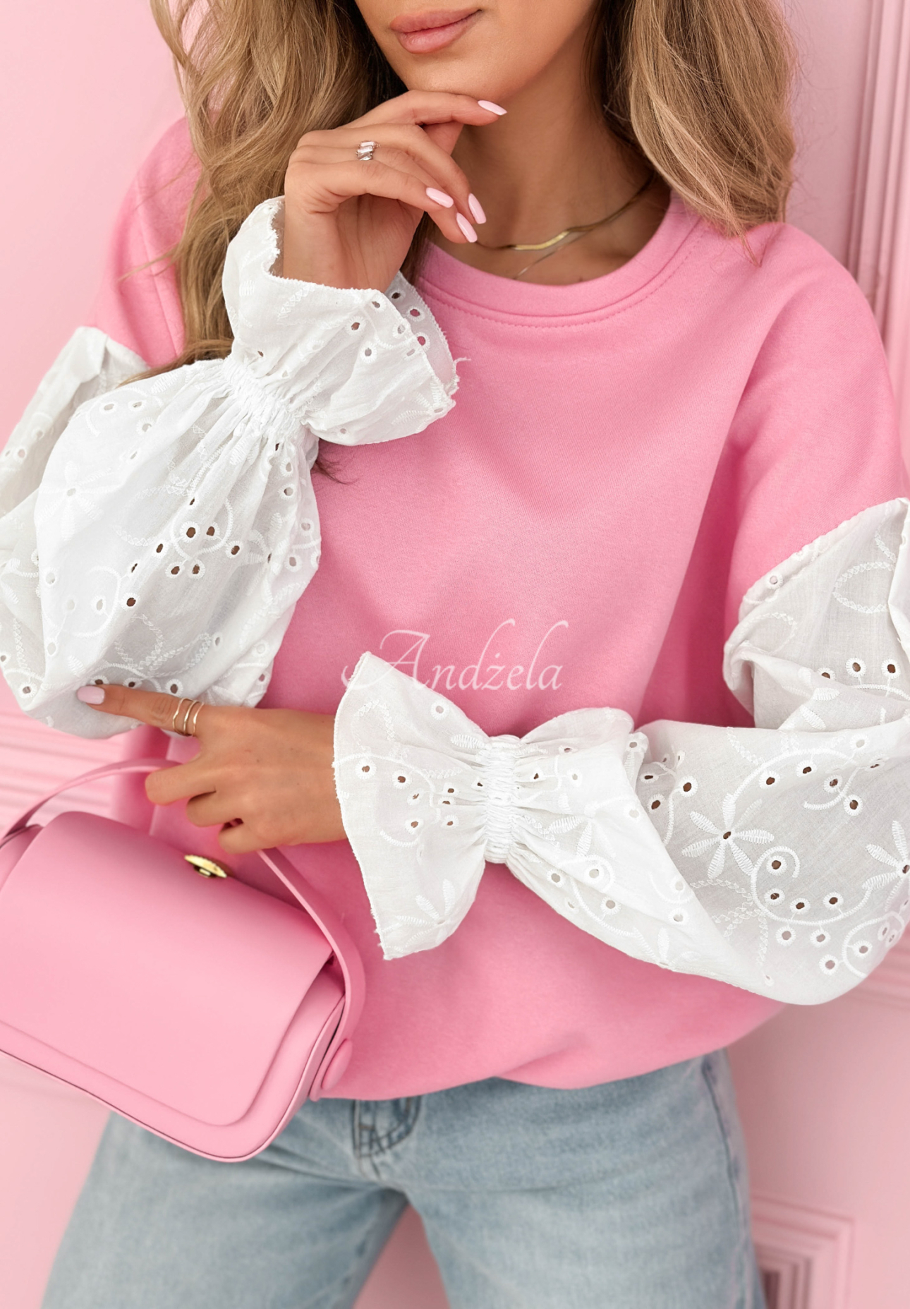 Bawełniana bluza z ażurowymi rękawami Leonora różowa