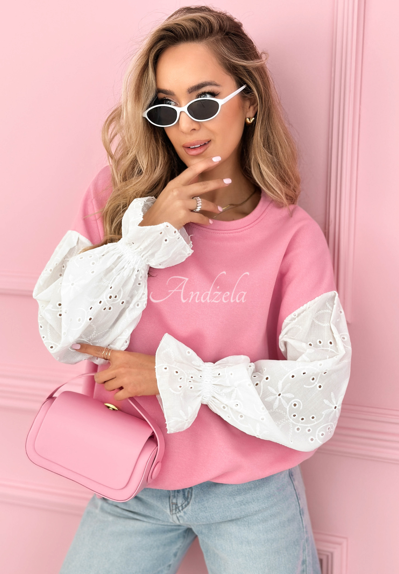 Bawełniana bluza z ażurowymi rękawami Leonora różowa