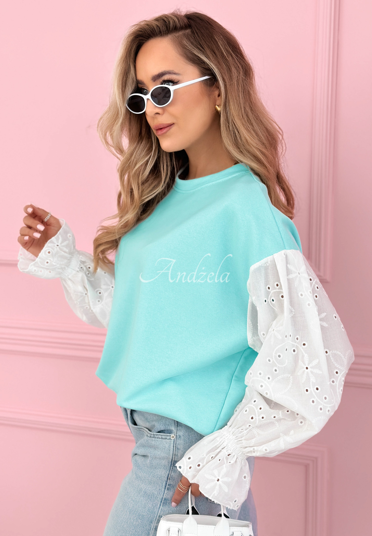 Leonora blue cotton sweatshirt with openwork sleeves