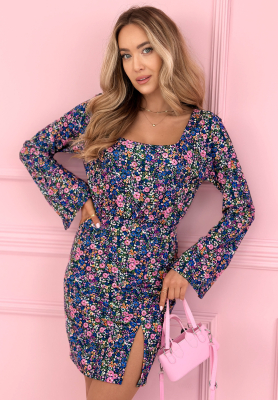 Florina navy blue floral mini dress with neckline and viscose