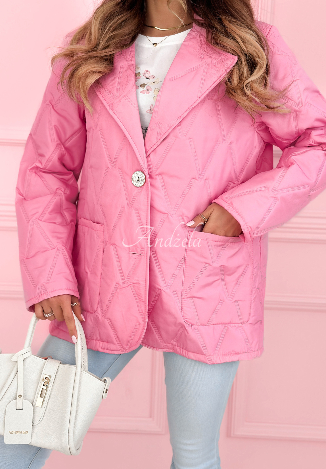 Pikowana kurtka z kołnierzem i kieszeniami Oleander różowa