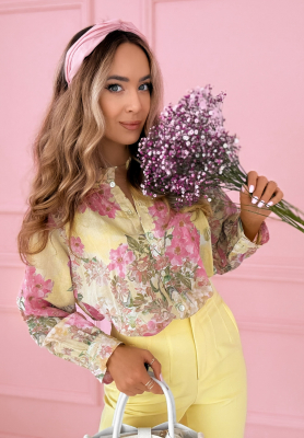 Cotton shirt with floral pattern and stand-up collar Flower Blossoms yellow and pink